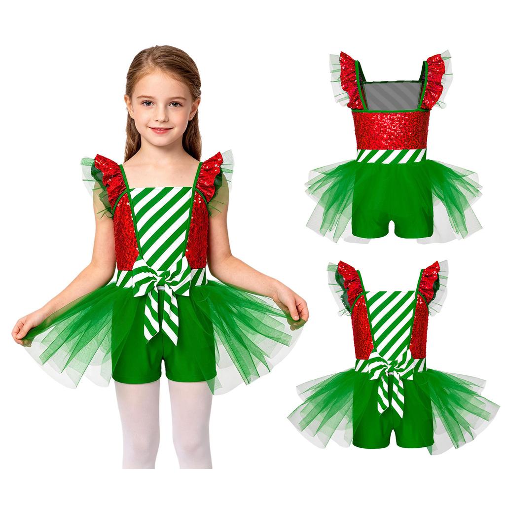Sequins Candy Cane Stripe Tulle Dress for Girls Ruffle Sleeves Bowknot Built-in Shorts Christmas Stage Theme Party Costume