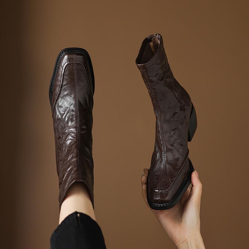 Fashion NEW Autumn Women Boots Square Toe Chunky Heel Shoes Genuine Leather Shoes for Women Short Modern Boots Daily Shoes Zipper Boots