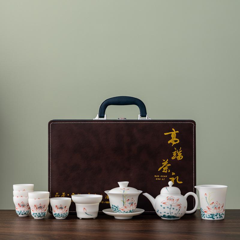 White Pottery Hand-painted Plain-fired Suet Jade Porcelain Tea Set Business Company Annual Meeting High-end Gifts