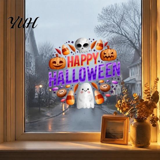 Waterproof PVC Party Decorations Halloween Window Clings, Cute Ghost Pumpkin Skull Happy Sticker, Reusable Decorative Holiday Film Double Sided Static