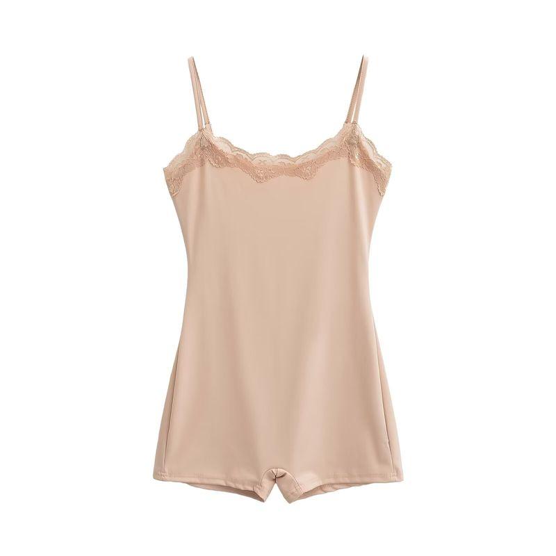 

Европейский и американский сексуальный комбинезон с низким вырезом, на бретелях, с открытой спиной, с вырезами, цельный, шорты, кружевной, эластичный, с высокой талией, с прямыми штанинами Cinnamon powder S