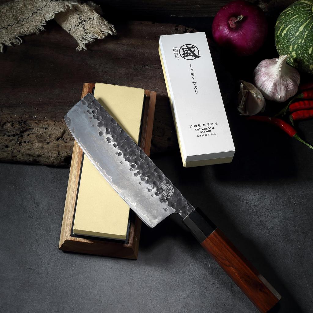 MITSUMOTO SAKARI Professional Sharpening Stone Set with Wooden Stand for Kitchen Use Double-Sided (1000/3000 Grit) Non-Slip