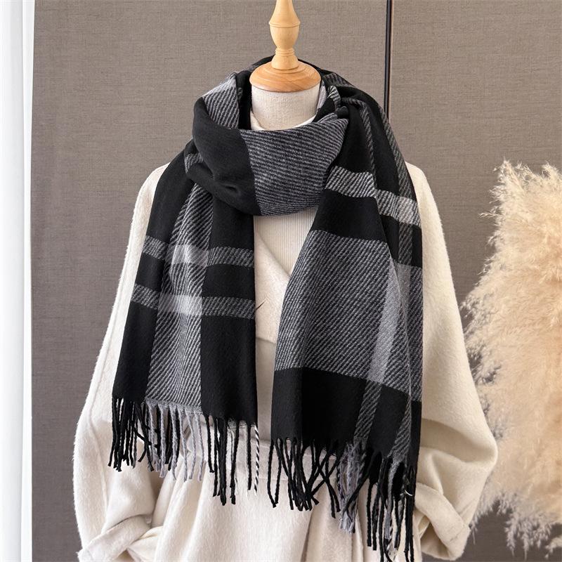 Sweet college style plaid, warm in autumn and winter, cold scarf shawl, commuter versatile couple tassel imitation cashmere scarf