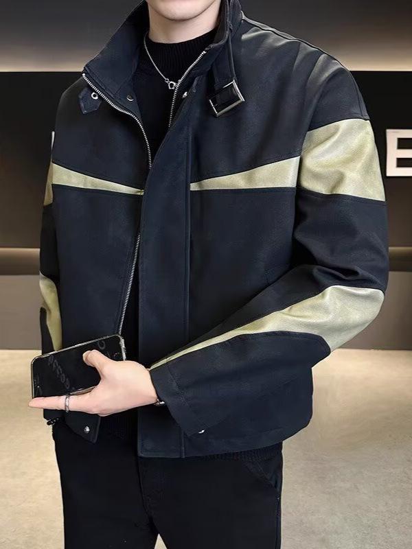 Men's Trendy Patchwork Color Block Stand Collar Jacket - Casual, Loose, Windproof Design for Spring and Autumn.