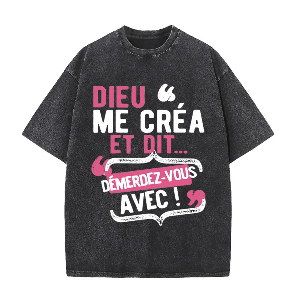 2026 Vintage Acid Wash French Letter Print T Shirt Unisex Oversized Crew Neck Drop Shoulder Short Sleeve Tee Retro Streetwear Su