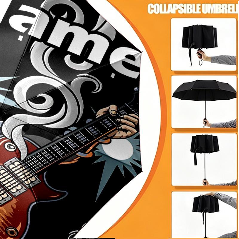Custom Name Personalized Kiss Rock and Roll Print Umbrella, Auto Open Close, 8‑Rib Sturdy Frame, Commute Camping Hiking Use, Birthday Gift