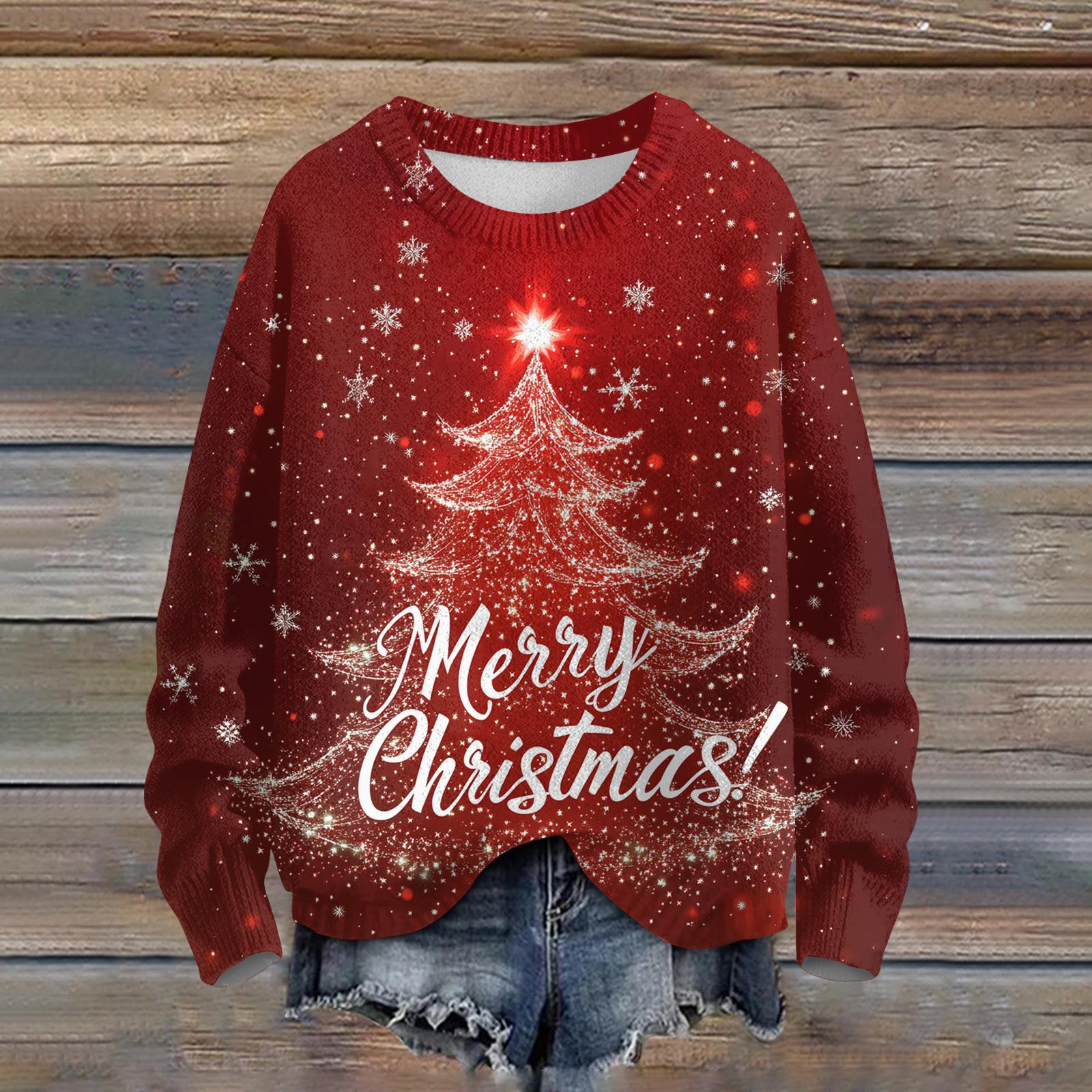 

Женский модный повседневный трикотаж с длинными рукавами и красивым принтом рождественской елки, круглый вырез XL арбуз красный