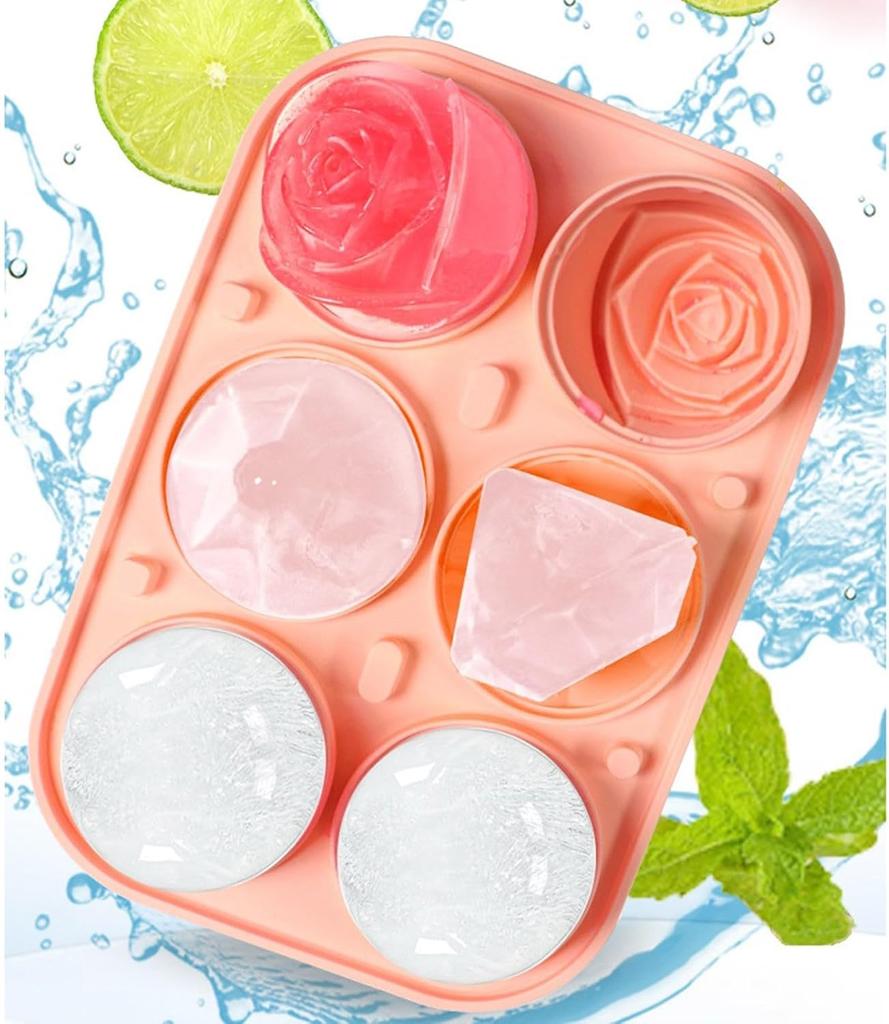 Large Silicone Ice Cube Tray with Lid Multi shape Rose Diamond Ice Hockey Round Sphere Mold for Whiskey Bourbon Cocktails