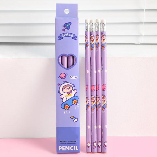 4Pcs Astronaut Cartoon Pencils Set Portable Space Theme Pencils with Eraser Head Safe Kids