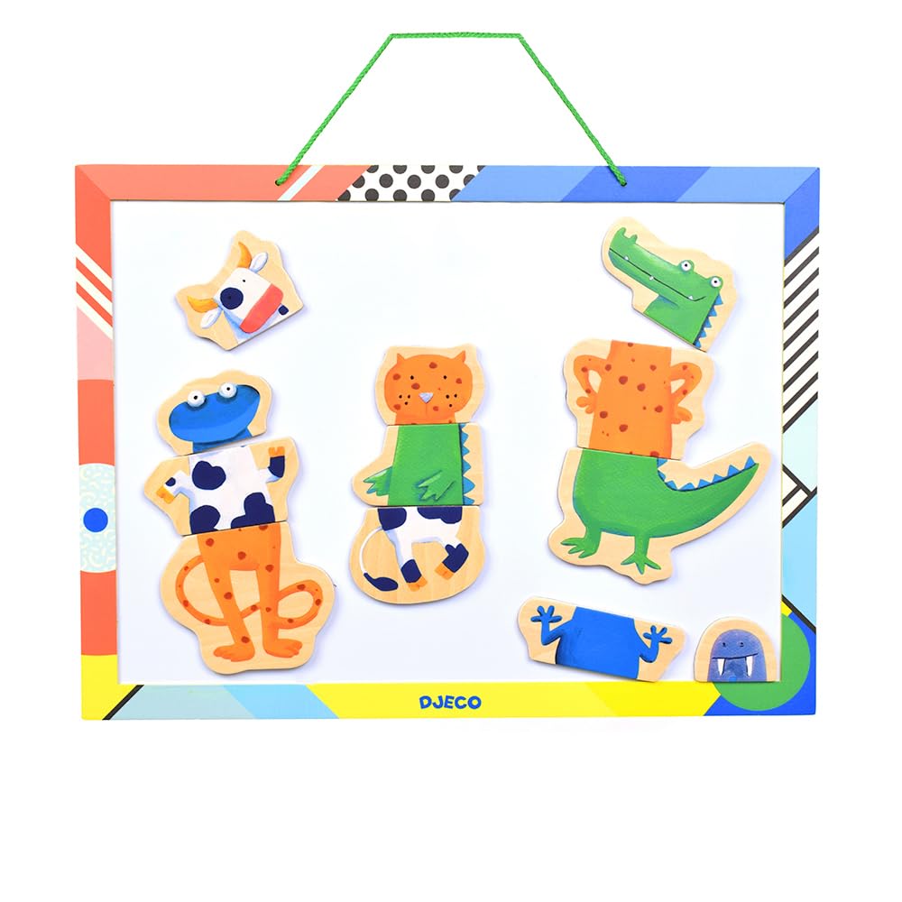 DJECO Crazy Animal Magnets, Educational Toy, Wooden Puzzle, Educational Magnetic Whiteboard, Nordic Montessori Style, Ages 2, 3, 4, 5, 6, Boys and