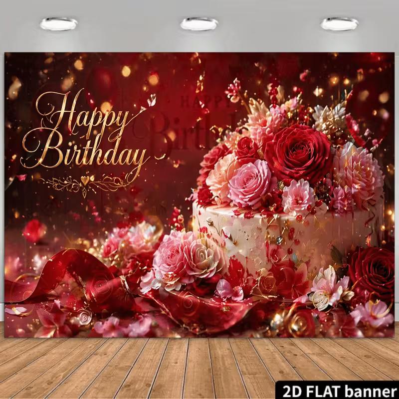 

2D Red & Gold Birthday Backdrop, Happy Birthday Script & Roses Photography Background 47.2x31.5inch/120*80cm
