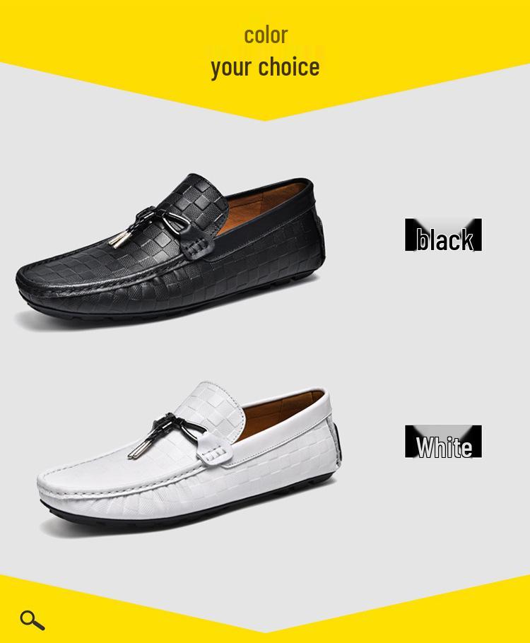 Men's Casual Spring Cowhide Slip-on Loafers, Embossed Leather Driving Shoes, Large Size