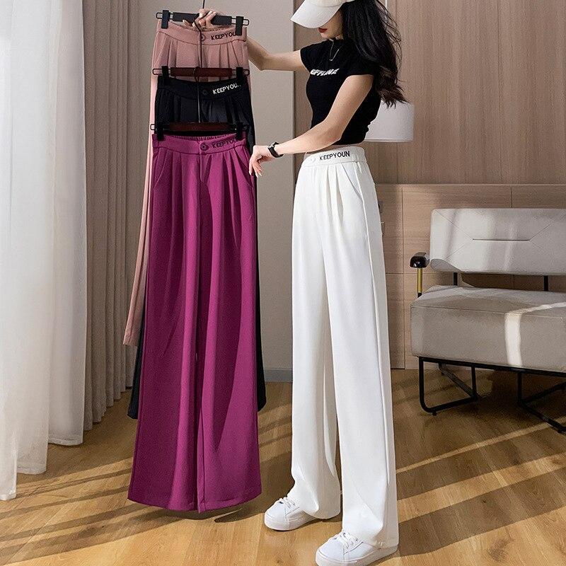 

Милые антистатические широкие костюмные брюки из ледяного шелка, женские летние тонкие прямые брюки с драпировкой и высокой талией, вышитыми буквами