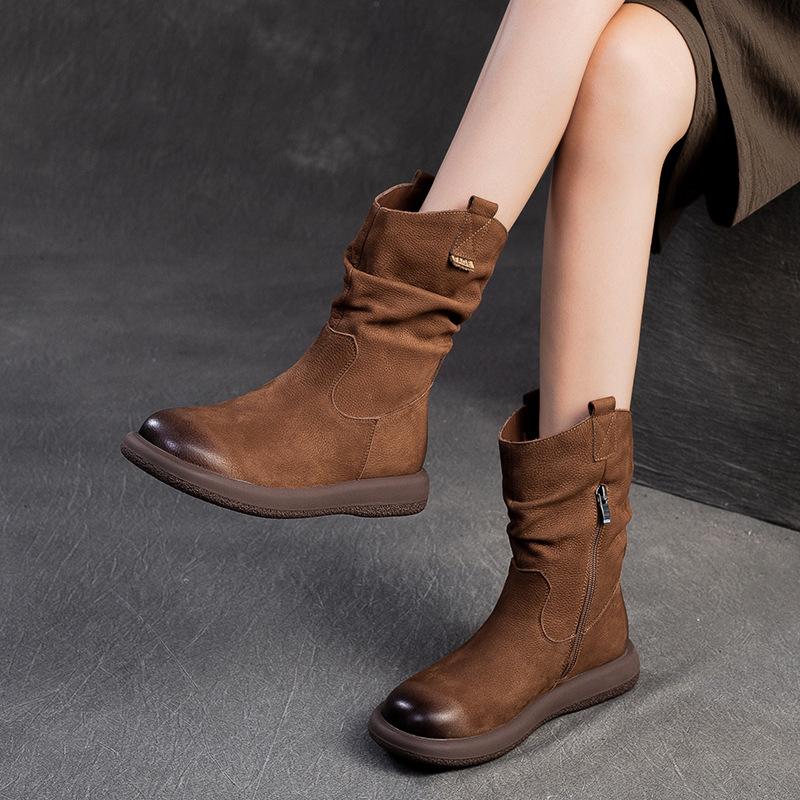Fashion GKTINOO 2024 Autumn Winter New Retro Handmade Flat Mid-calf Boots Genuine Leather Round Toe Knight Boots Soft Women's Shoes