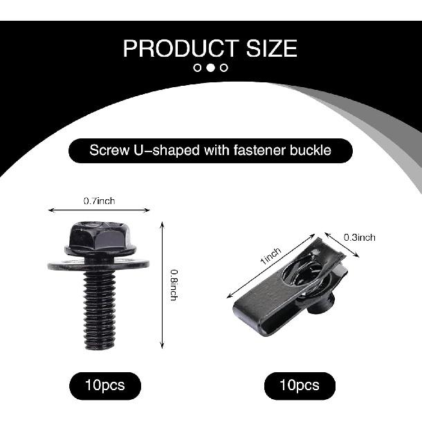 UGSHY 20 PCS Automotive Body Bolt And U-Nut Clamp Kit, Hood Guard Spiral, Bumper Fender Liner Push Pull Metal Rust-Resistant U Retainer, Universal