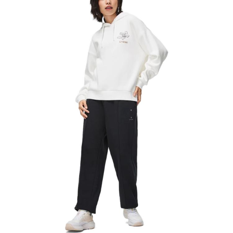 Li Ning Sports Lifestyle Series Casual Hooded Pullover Letter Print Long Sleeve Sweatshirt Women Sweatshirt Off-White AWDT908-4