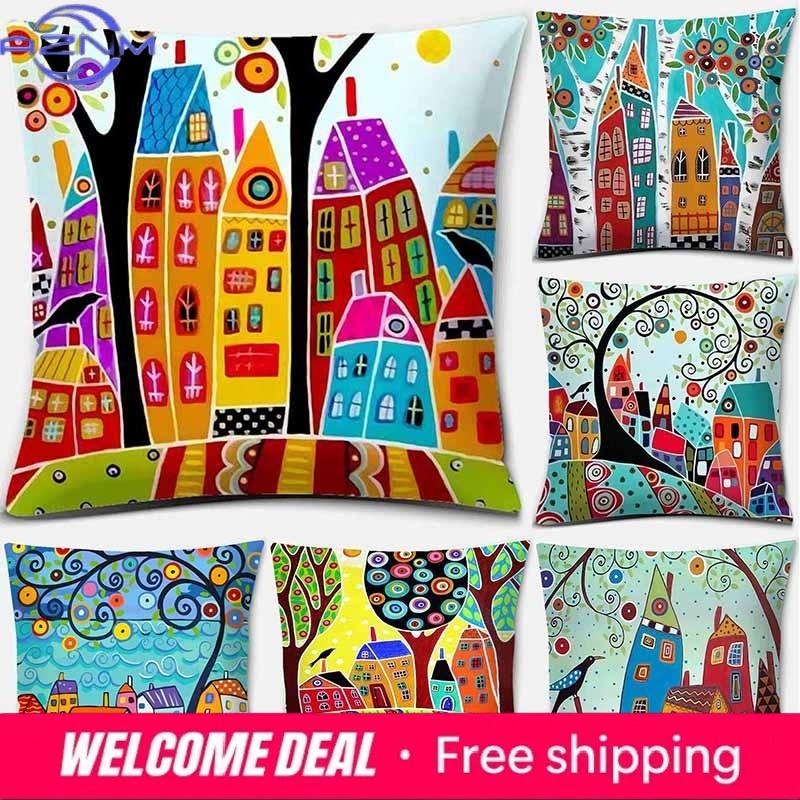 Shunika Chen Unisex Cartoon Tree Graffiti Print Pattern Cushion Cover Home Living Room Sofa Decoration Square Pillow 45*45Cm