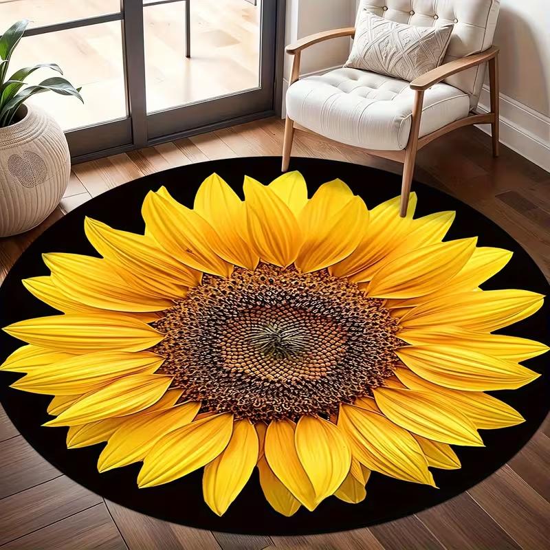 Sunflower Design Round Floor Mat Black Base Bright Bloom Pattern Non Slip Circle Carpet for Bedroom Living Room Indoor Use