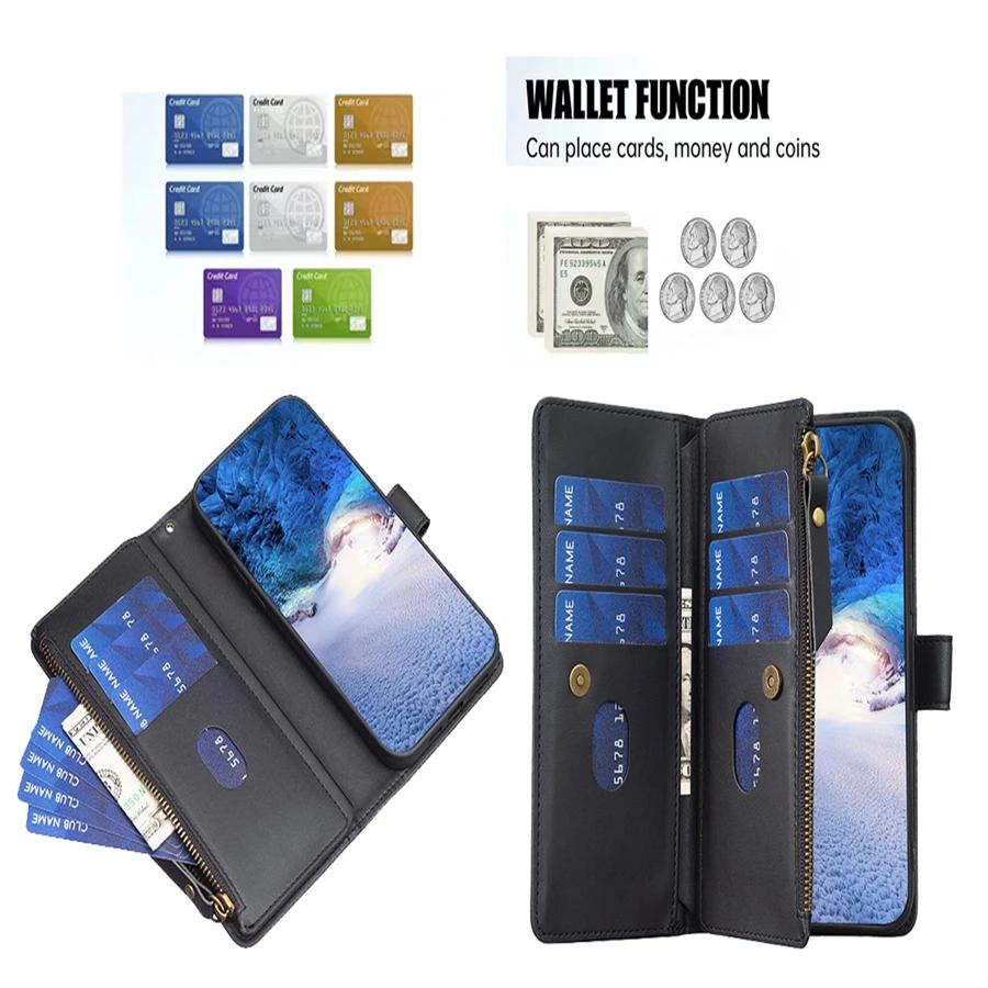 Wallet Flipped Solid Color Multi Card Zipper Leather Case For Samsung Galaxy S24 Ultra S23 Plus S22 S21 S20 FE A A4 A3 A1