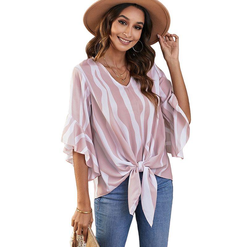 

Vertical Stripes V Neck Fashion Loose 3/4 Sleeve Chiffon Shirt Pink L code fits (62.50 kg-70.00 kg