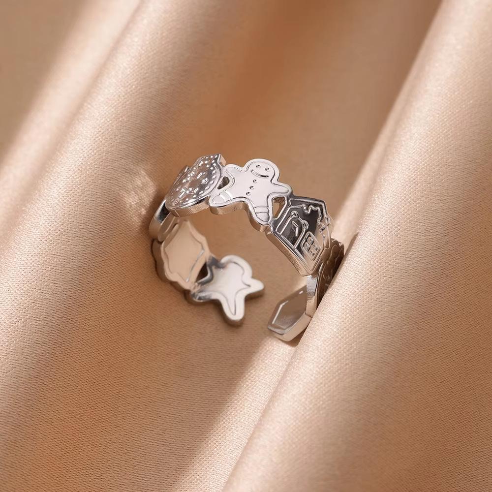 

Graffiti people fun pattern ring women s niche design fashion k gold titanium steel ring does not fade open ring Opening adjustable серебряный