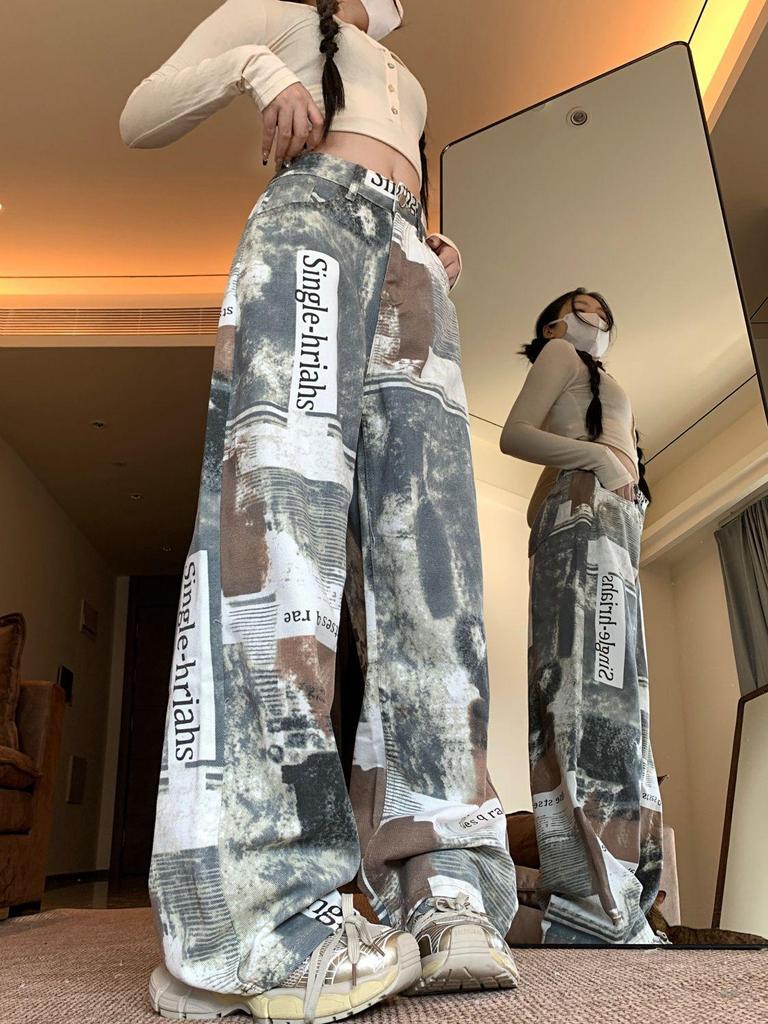Spicy Girl Newspaper Print Wide-Leg Jeans - Women's Autumn/Winter Slimming Floor-Length Pants
