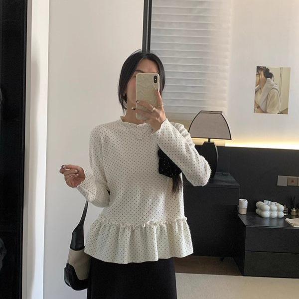 Autumn Winter Korean Style Polka Dot Turtleneck Long Sleeve Women's Slimming Base Layer Shirt