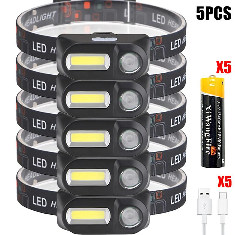 Mini Portable XPE+COB Headlamp Dual Light Source USB Rechargeable Use 18650 Battery Outdoor Camping Fishing Headlight