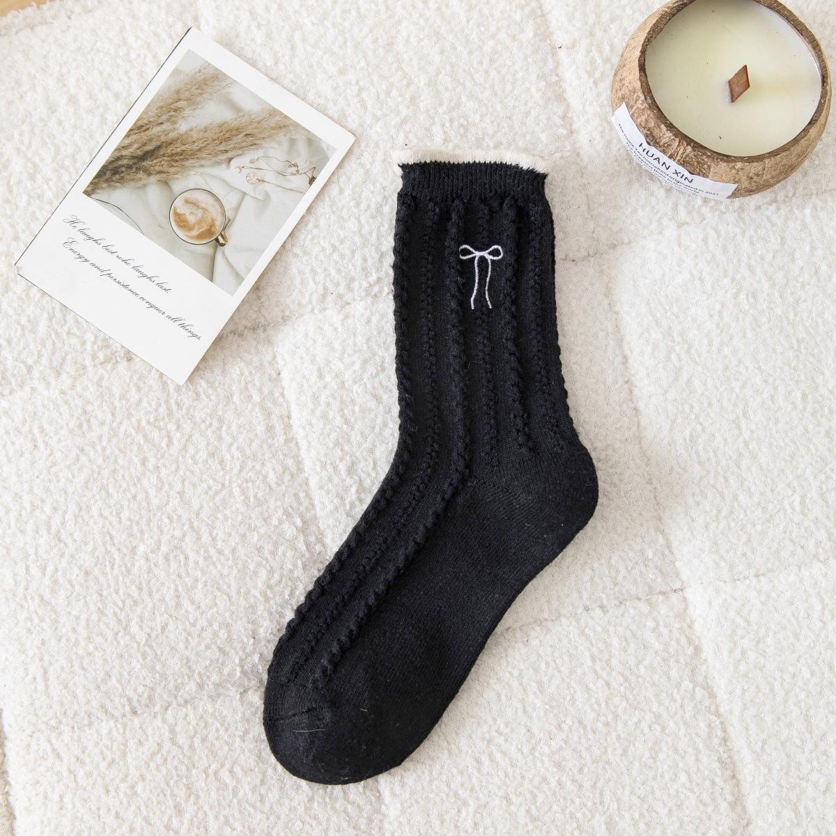 

Женские ретро шерстяные носки до середины икры с косами и бантом - Толстые, теплые, на флисовой подкладке для осени и зимы One Size чёрный