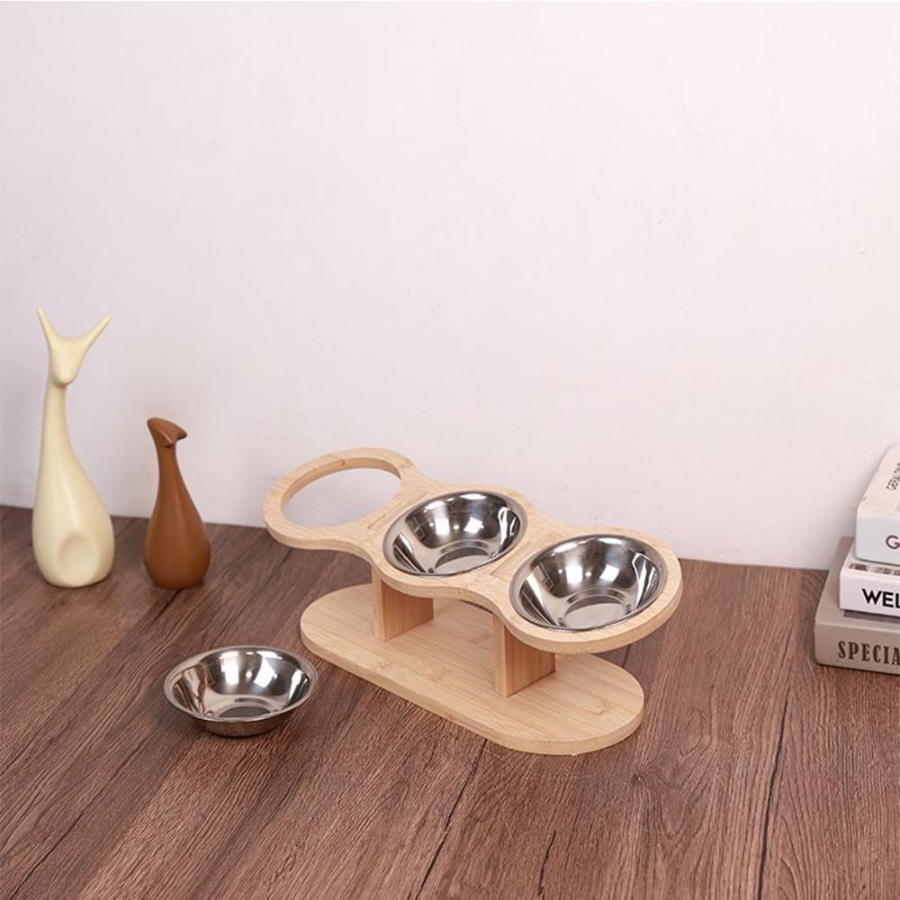 Wooden Pet Bowl Rack Anti Knock Pet Food Bowl with 3 Stainless Steel Bowls Adjustable and Detachable Suitable for Cats and Dogs