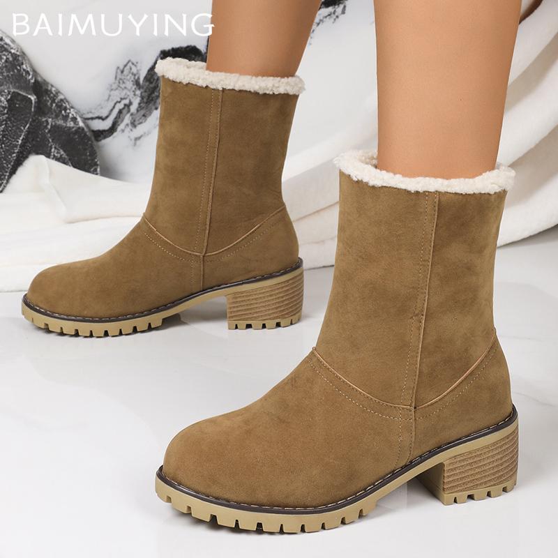 Fur Women Snow Ankle Boots Suede Mid Heels Designer Shoes Short Plush Chunky Chelsea Boots 2024 Trend Winter Pumps Botas Mujer