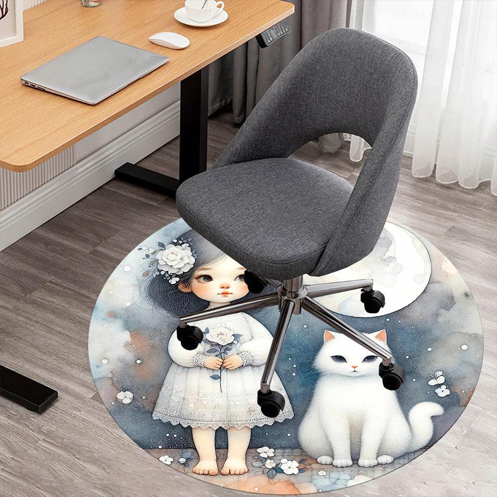 

1pc girl cat Round Chair mat Area Rug - Non-Slip, Floor Mat for Office, Bedroom, and Indoor Decor -1002084 80cm by 80cm