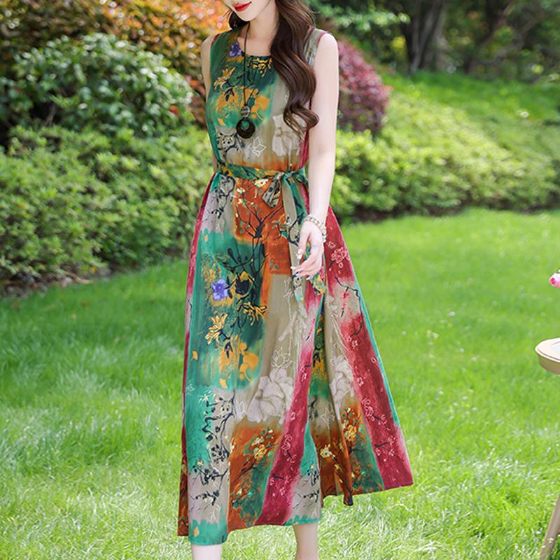Casual Summer Dresses for Women Vintage Clothes Loose Sleeveless Plus Size Elegant Long Dress With Belt