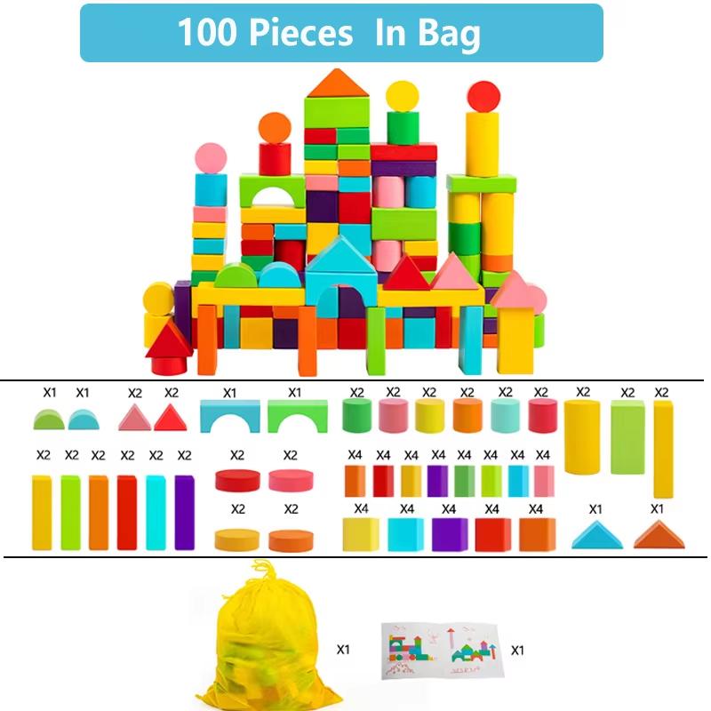 Wooden Building Blocks Set with Storage Bag Wooden Toys for Kids Assembled Building Blocks Early Educational Toys Birthday Gift