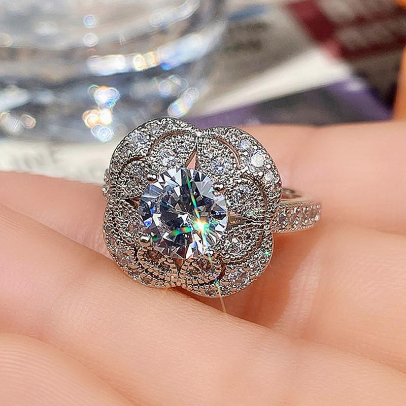 Luxury Silver Gold Color Inlaid with White Zircon Rings Flower  Party Engagement Wedding Rings for Women Jewelry
