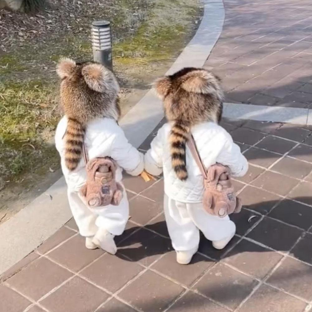 Winter Thickening Lei Feng Hat Season Thickened Cute Raccoon Tail Plush Cap Women Winter Windproof Thick Warm Ears Flaps Hat