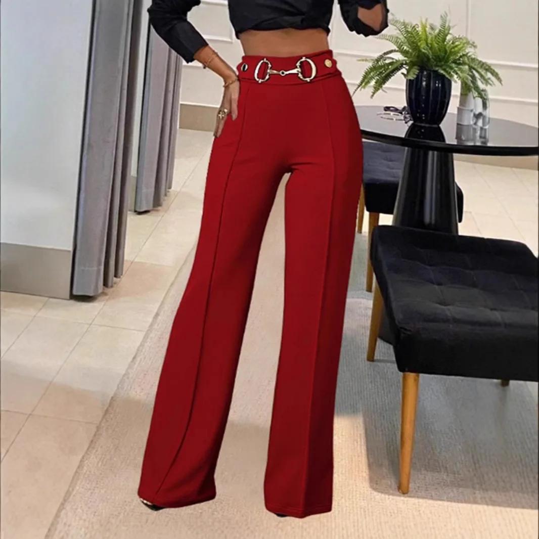 

Fashionable High-Waisted Metal Buckle Decorated Solid Color Women s Straight-Leg Trousers New Style Independent Station Clothing XS червоний