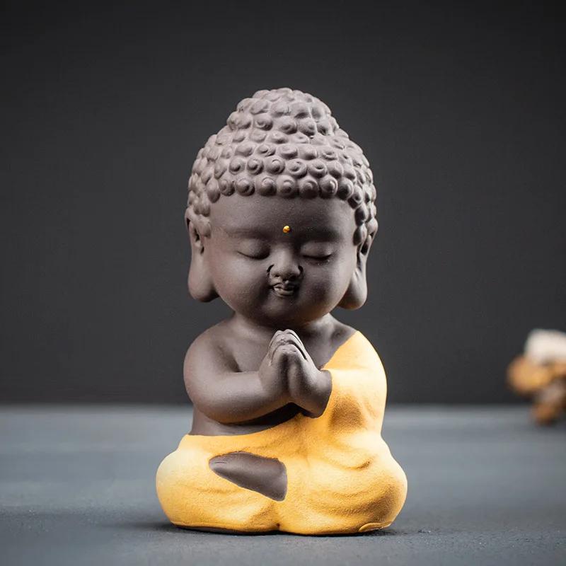 Ceramic Purple Sand Small Buddha Laughing Monk Little Mini Buddha Statue Bless The Sitting Statue Car and Tea Ceremony Ornaments
