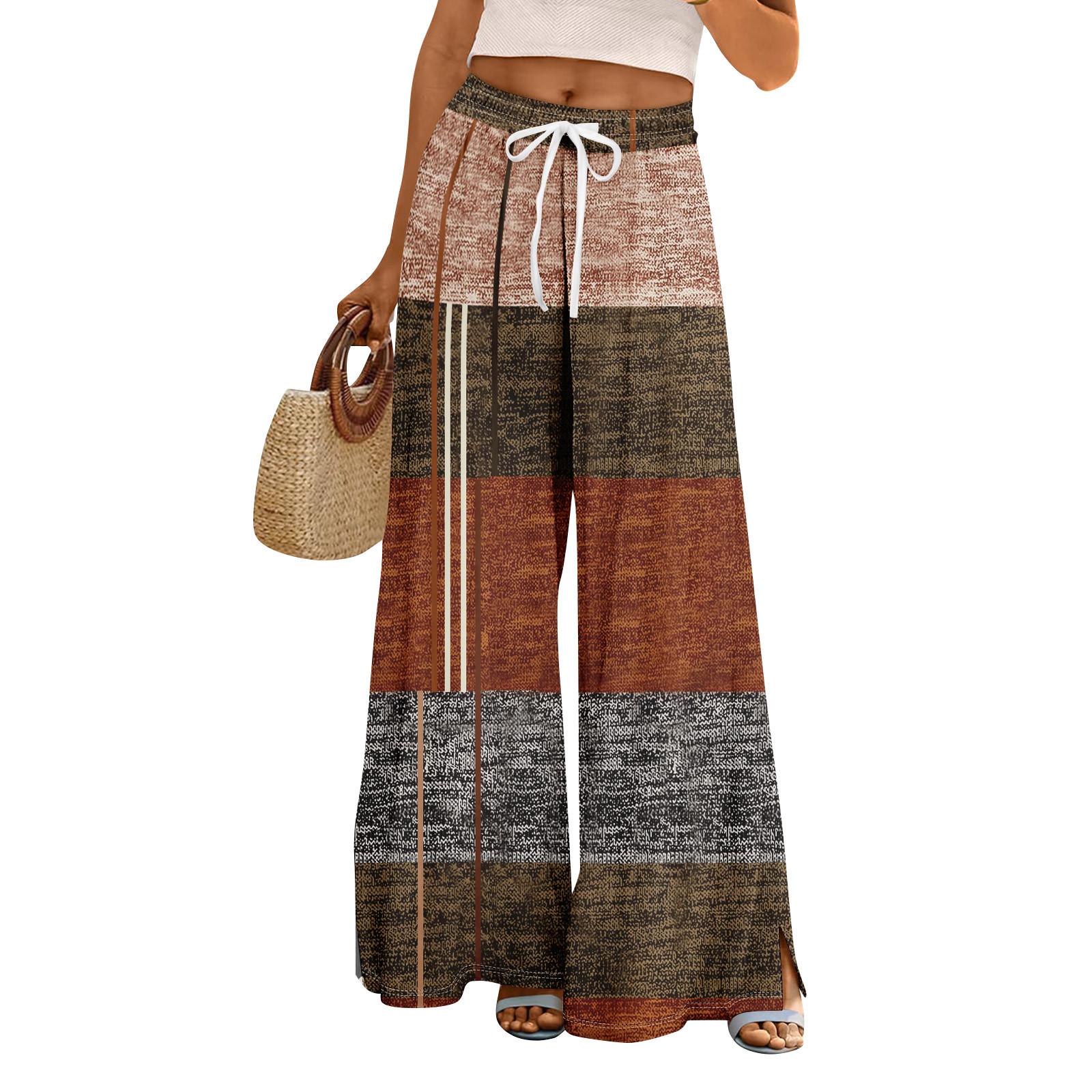 

Женские летние брюки-палаццо в стиле бохо с высокой талией, широкие повседневные брюки с цветочным принтом и карманами XL кофейный