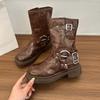 Metal Belt Buckle Skinny Short Boots Women's Spring New Explosive Retro Round Toe Sleeve Versatile Block Heel Mid-leg Boots