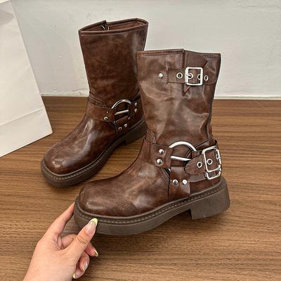Металева пряжка на ремені Вузькі короткі чоботи Жіночі Весна Новинка Вибухові Ретро Круглий носок Рукав Універсальні Чоботи до середини гомілки на блочному підборі
