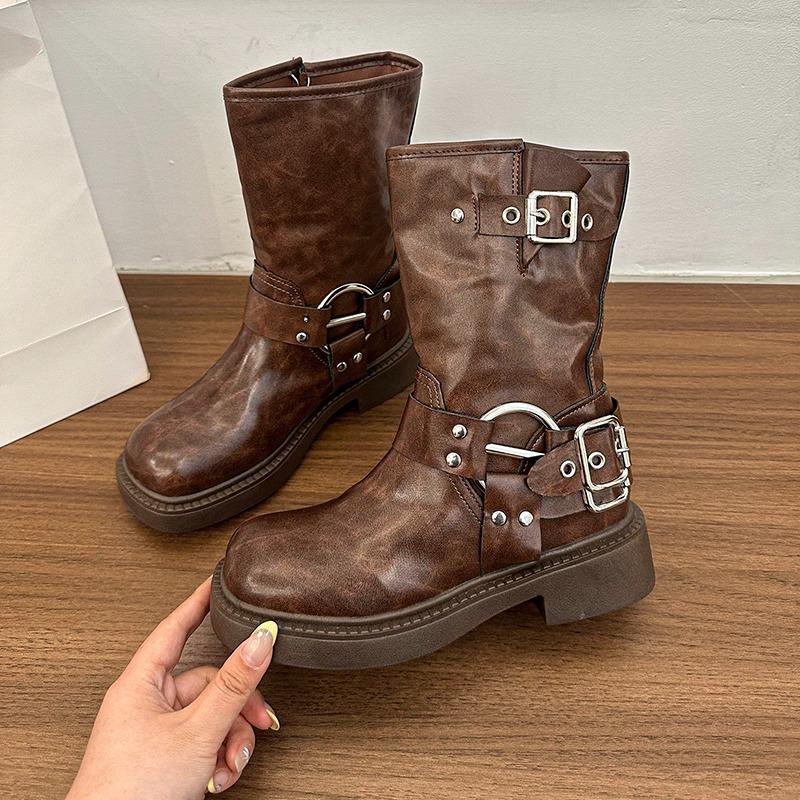 Metal Belt Buckle Skinny Short Boots Women's Spring New Explosive Retro Round Toe Sleeve Versatile Block Heel Mid-leg Boots
