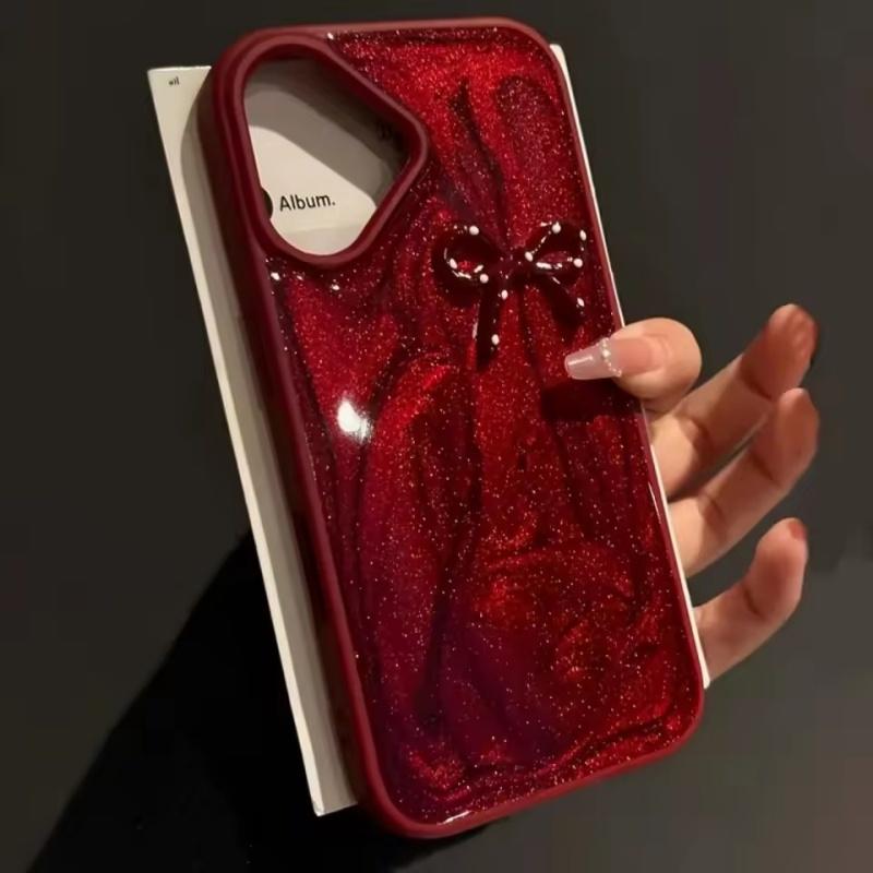 Luxury Shiny Polka Dot Bowknot Solid Color Phone Case For iPhone 16 15 14 13 12 Pro Max 11 Fashion Shockproof Protective Cover