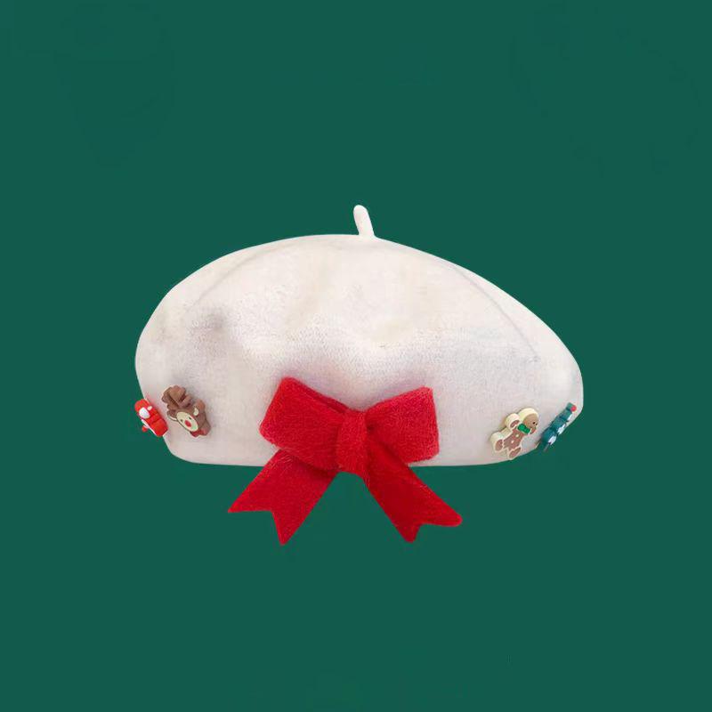 Unisex Winter Character Christmas Bow Beret New Fashion Korean Style Wool Artist Hat Sweet Holiday Red Trendy