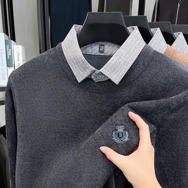 Winter Men s Lapel Fake Two-Piece Knitted Sweater High End Design Badge Print Velvet Warm Long Sleeve Fashion Menswear M