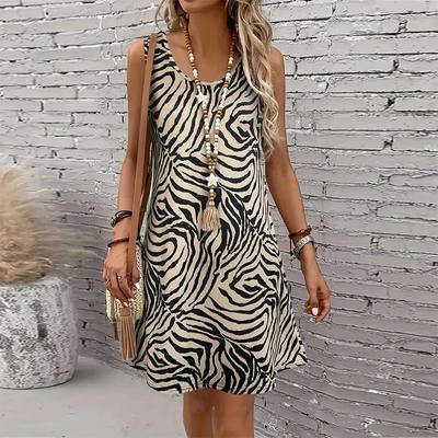 Abito da donna con scollo rotondo senza maniche stampato con linee curve, ampio, morbido e confortevole, taglie forti