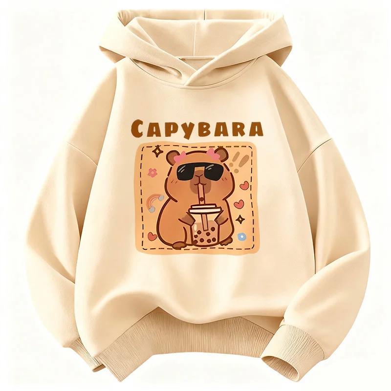 Felpa con Cappuccio Divertente Capibara che Beve Succo per Bambini Felpa Carina per Ragazzi Ragazze Autunno Primavera Felpe Casual
