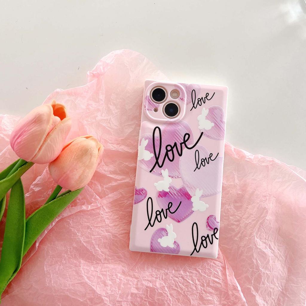 Ins Sqaure Cute Rabbit Love Cartoon Pink Heart Lovely Silicone Shockproof Phone Case For Iphone 14 Pro Max Plus 13 12 Promax 11