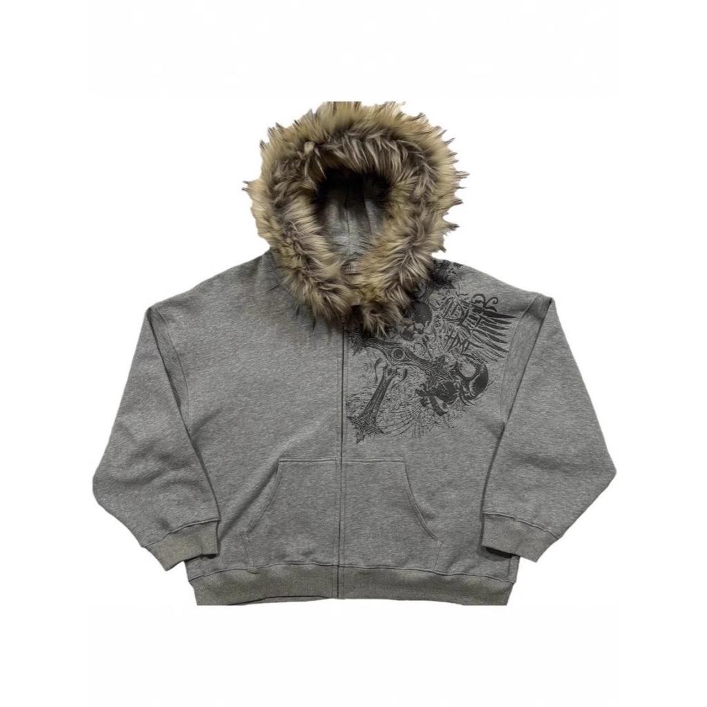 BeatStreet Autumn/Winter Y2k Women Aesthetic Harajuku Faux Fur Collar Hoodies Clothes Graphic Hip Hop Punk Gothic Zip Up Hoodies