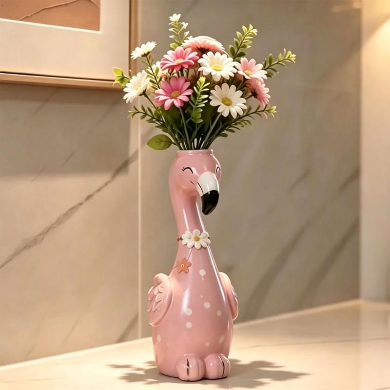 Cartoon Flamingo Decorative Vases In Resin, Whimsical Long Neck Bird Figurine for Styling Shelves, Desks, and Nightstands Displays